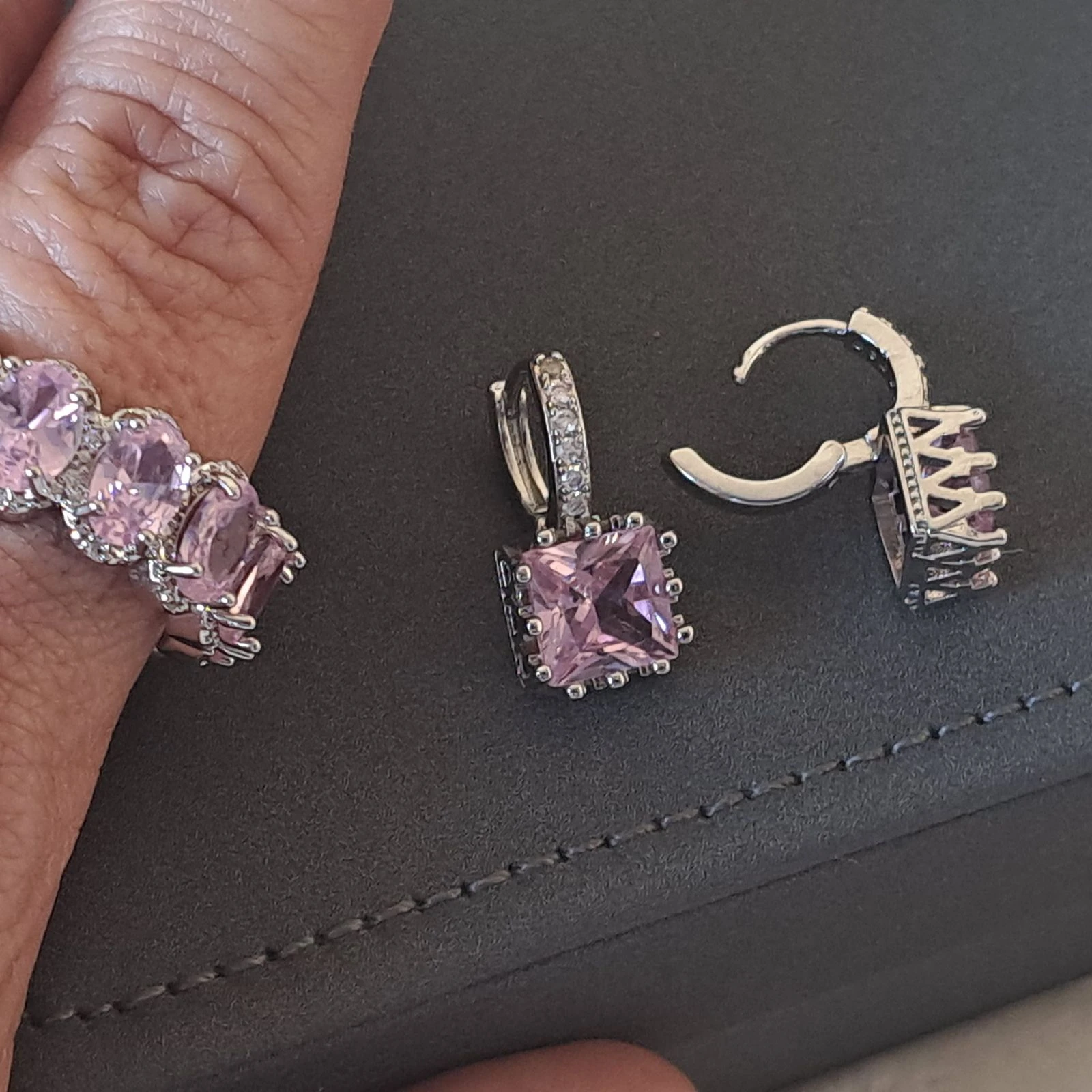 Quiet Luxury Pink Jewelry Set • Ring + Earrings • Silver Stainless Steel • Sparkling CZ – photo 6